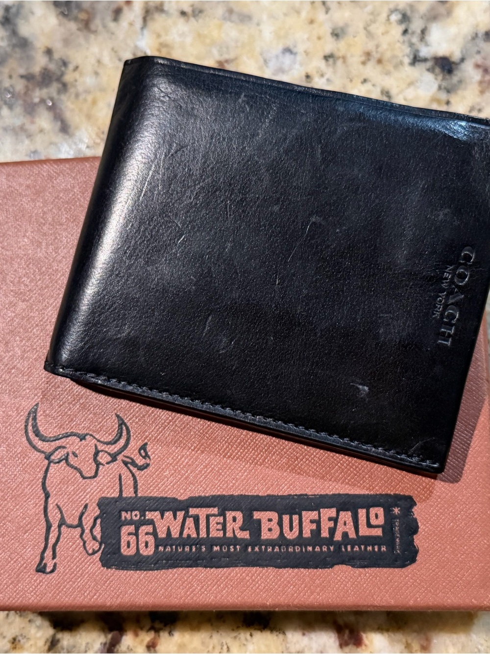 Limited Edition Coach Water Buffalo wallet in black with pop of green